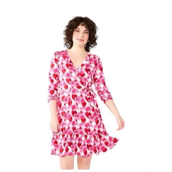 NWT Draper James RSVP Dress M Faux Wrap Flounce Ruffle Red Pink Hearts Whimsical - Picture 1 of 13